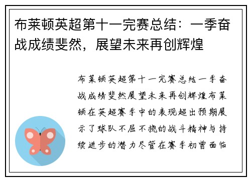 布莱顿英超第十一完赛总结：一季奋战成绩斐然，展望未来再创辉煌