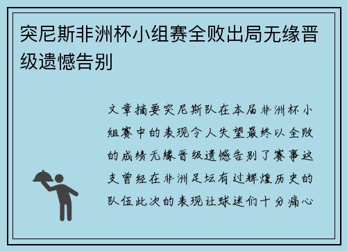 突尼斯非洲杯小组赛全败出局无缘晋级遗憾告别